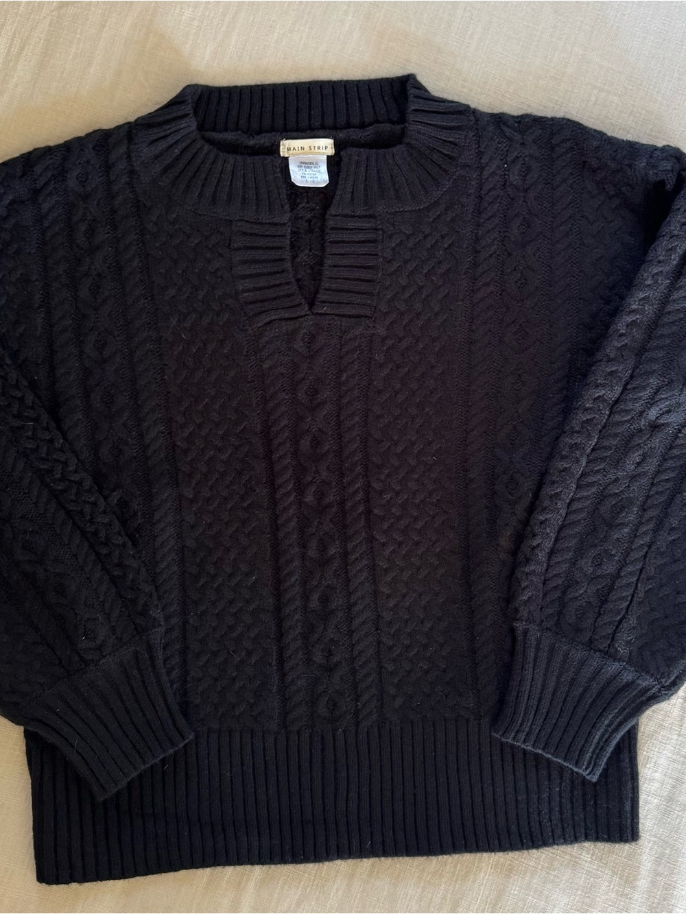 Women's Black Cable-Knit Split Neck Sweater
